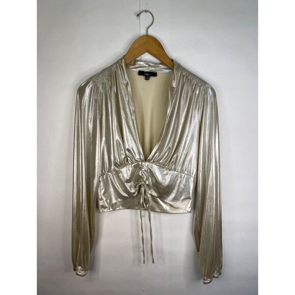 Lulu's Gold Long Sleeve Crop Blouse with Mandarin Collar - Picture 2 of 5